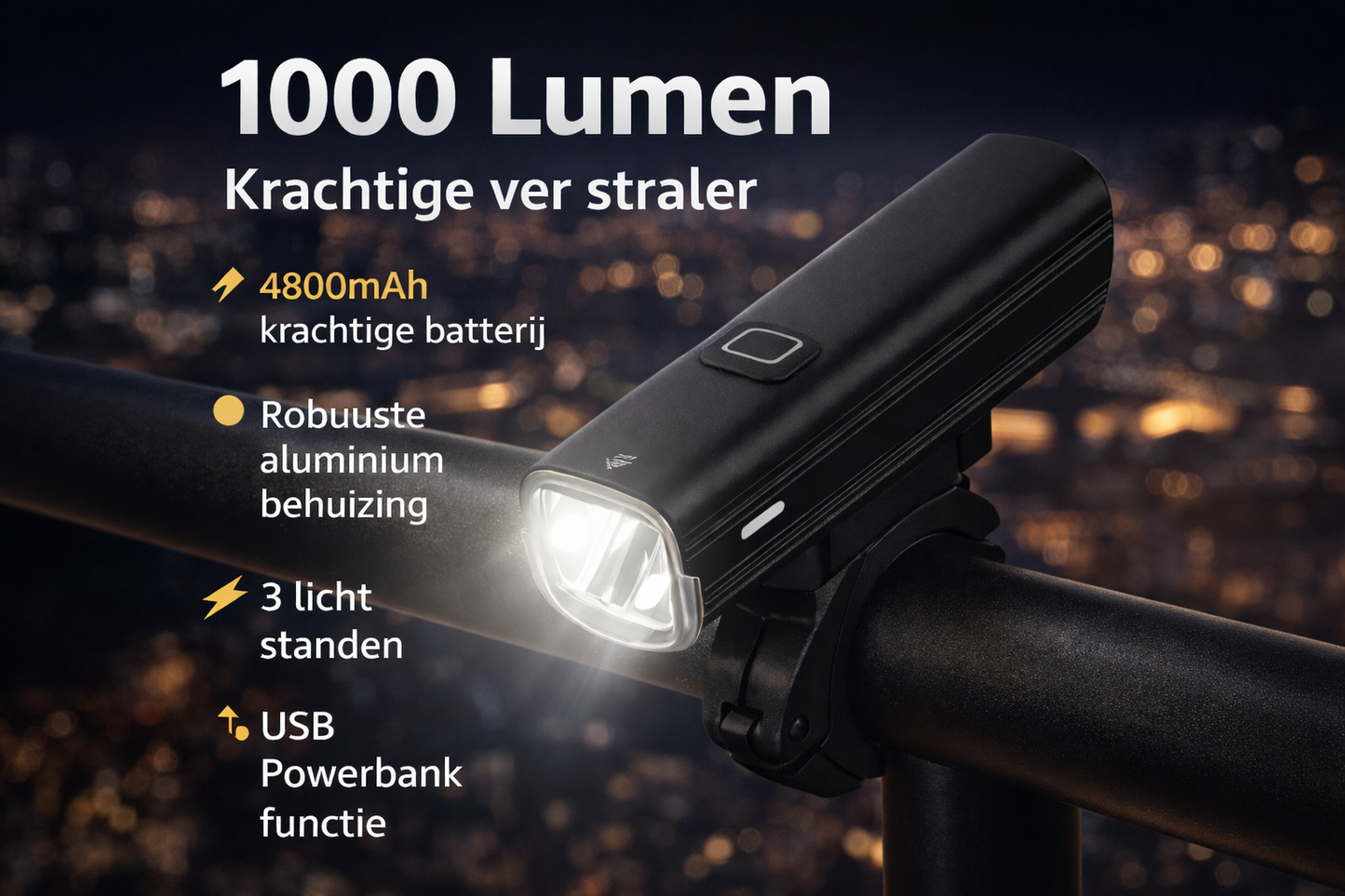 UrbanRide™ 1000 Lumen USB Oplaadbare Fietskoplamp – IPX6 Waterdicht