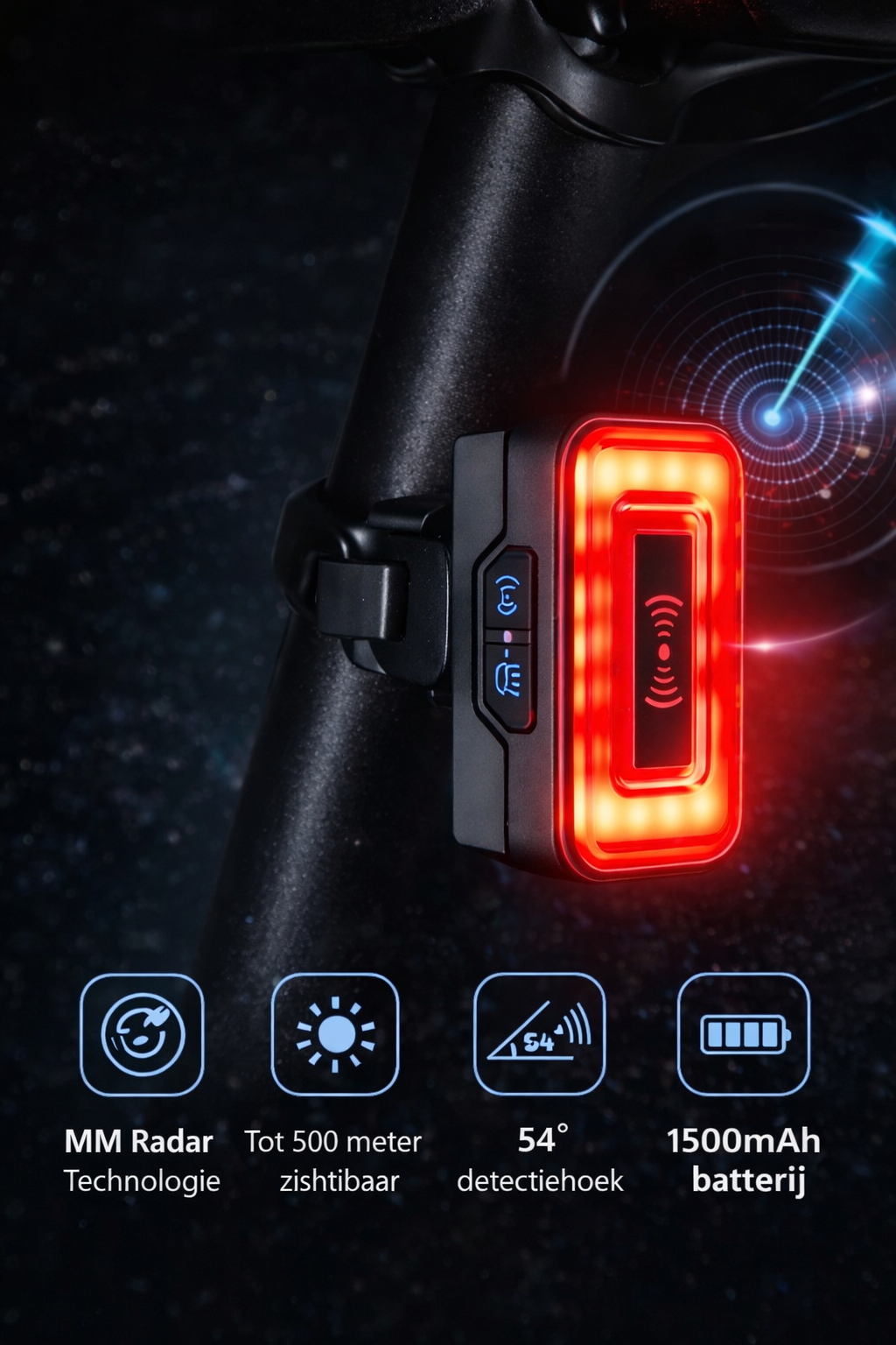 UrbanRide™ Slim Radar Fiets Achterlicht met Remsensor – 30m Detectie & IPX64 Waterdic